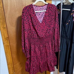 SHEIN Burgundy Polka Dot Long Sleeve Dress